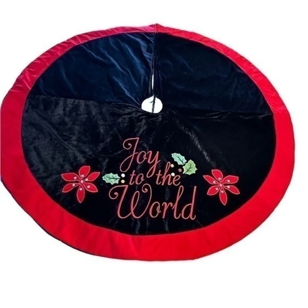 Absolutely Beautiful Red & Black Velvet Joy To The World Tree Skirt 46 Inch